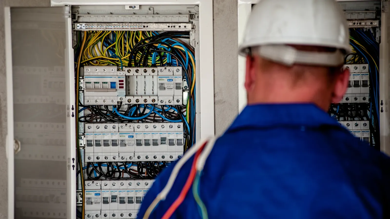 Eletricista com capacete a inspecionar um quadro elétrico